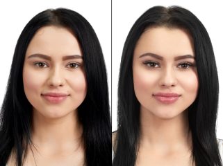 Photo comparison of normal and enlarged lashes. Take the difference between lashes before extension and after. Girl with long lashes and with short. Salon lashes extension for pretty brunette girl.